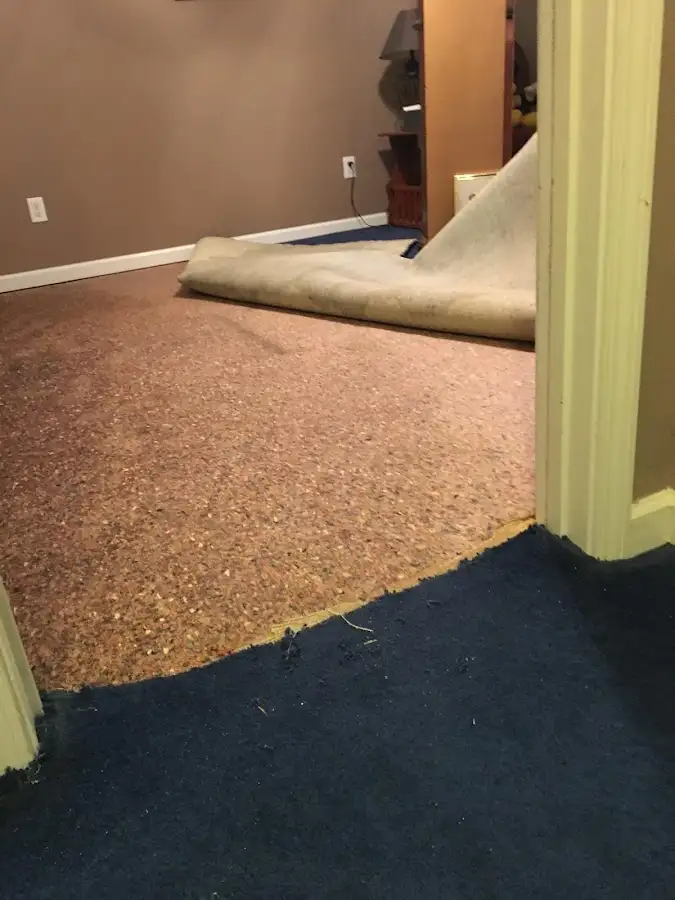 Carpet pad removal revealing water damage during Drying & Dehumidification in Jaffrey